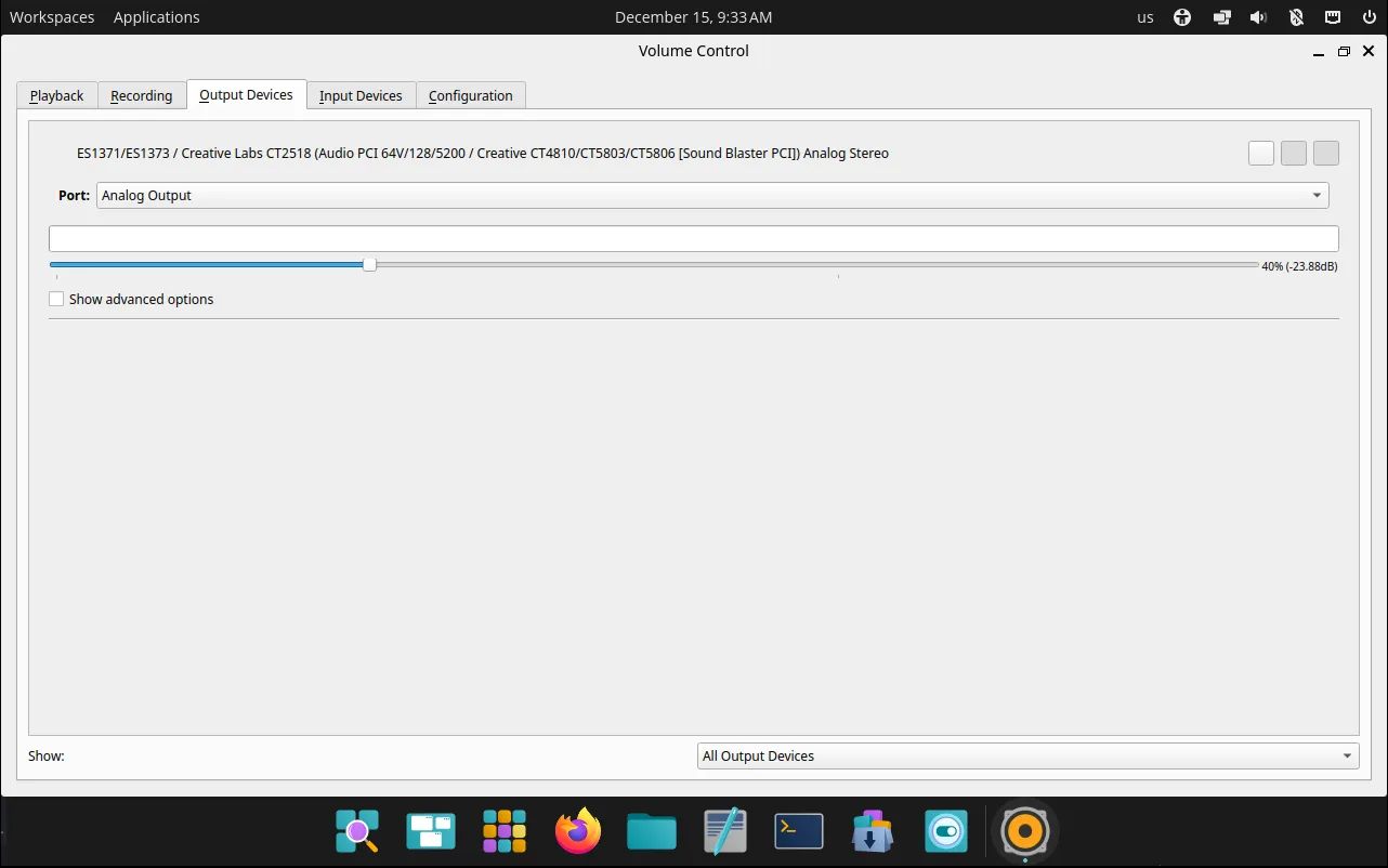 Output devices tab in PulseAudio Volume Control