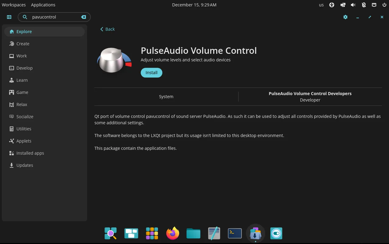 PulseAudio Volume Control shown in the COSMIC Store