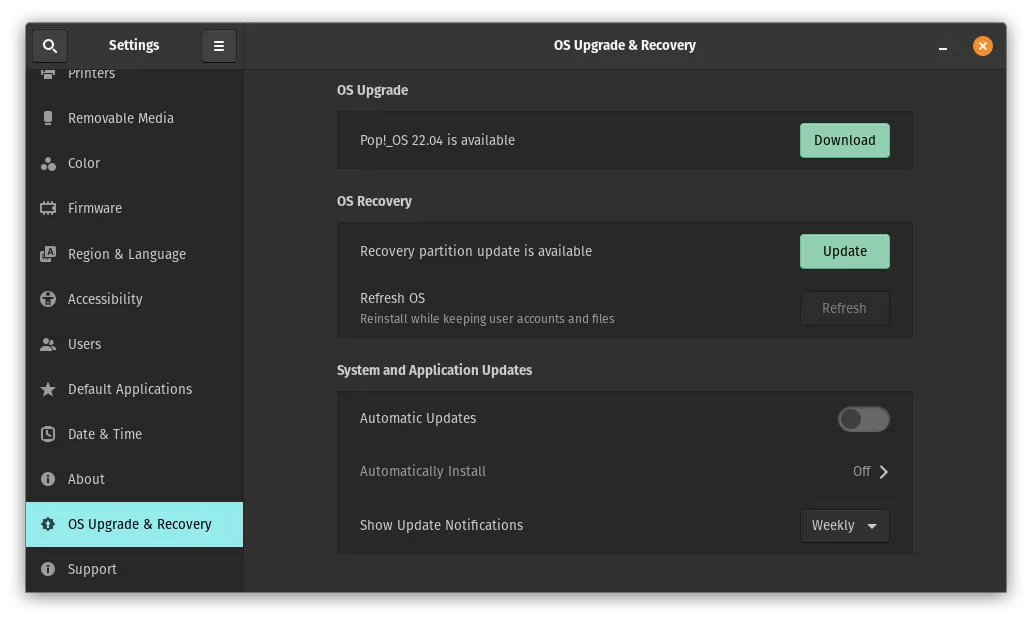Settings OS Upgrade