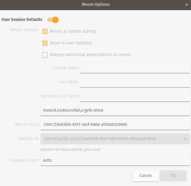 Mount Options Dialog
