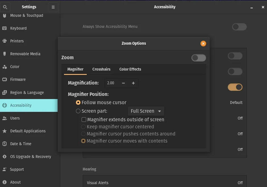 Pop OS Accessibility Settings Zoom options