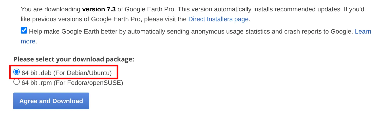 Selecting the .deb type on the download webpage
