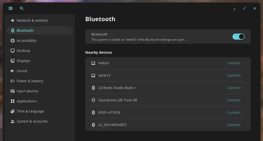 Available Bluetooth devices in the Settings app