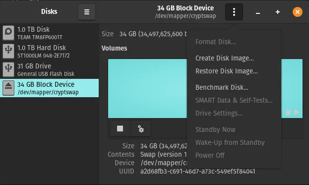 drop down menu in Disks app