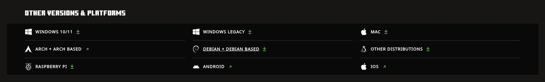 Minecraft download page listing multiple versions