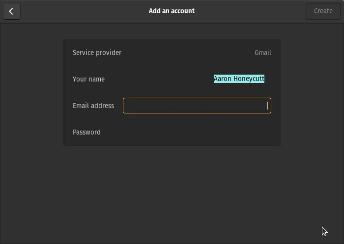 Entering email address in Geary