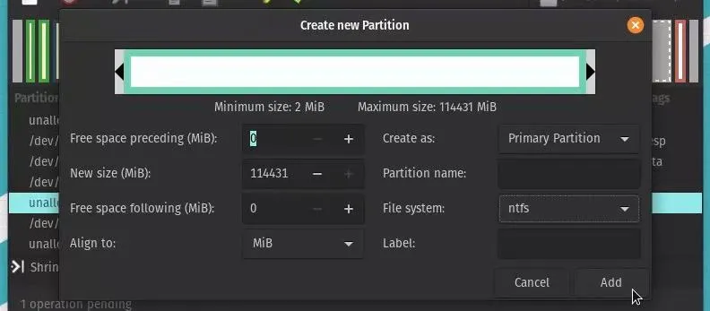 Creating a Windows partition in GParted