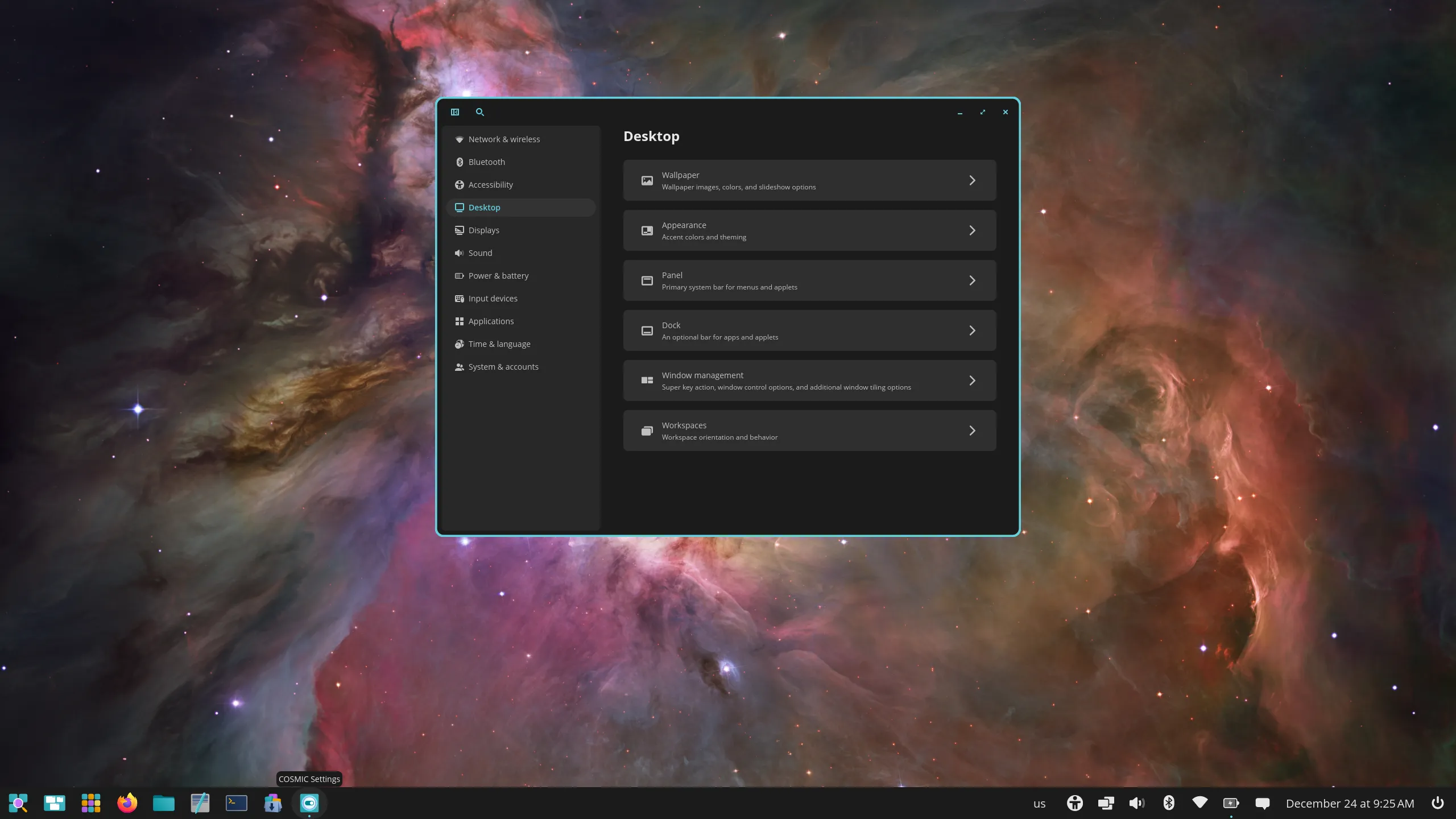 COSMIC Settings in Pop!_OS 24.04 showing the Desktop tab, including wallpaper, appearance, panel, dock, window maangement, and workspaces options.