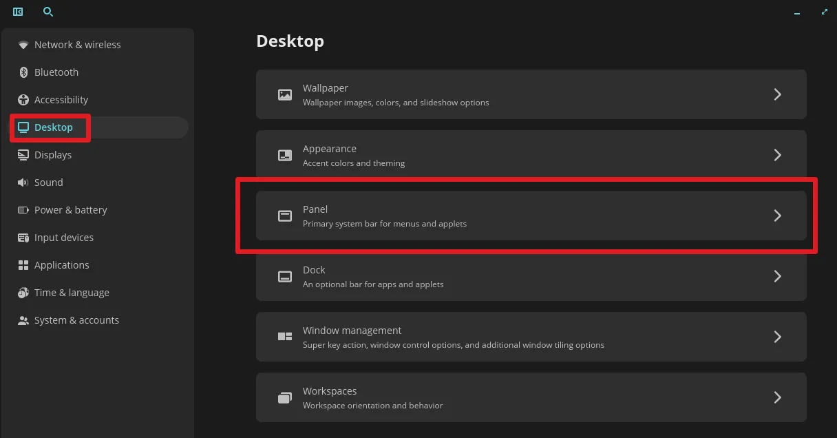 Access COSMIC Panel Settings in Pop!_OS 24.04