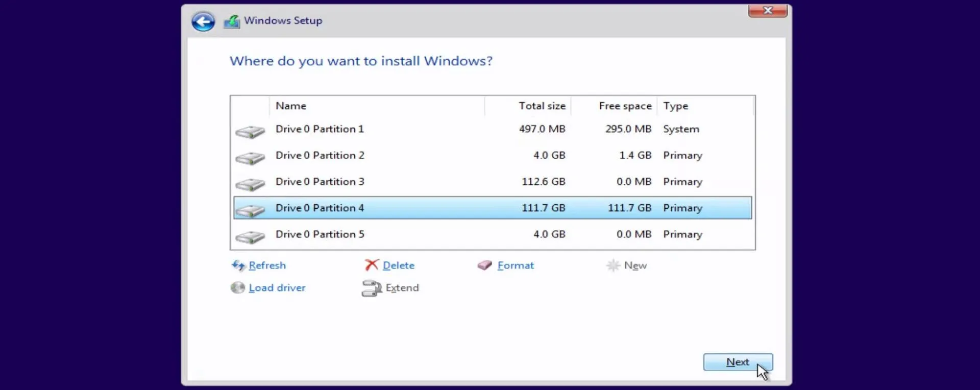 Windows selecting a partition