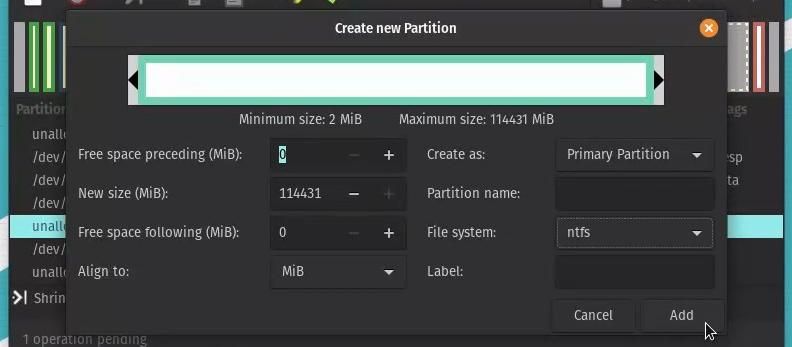 Creating a Windows partition in GParted