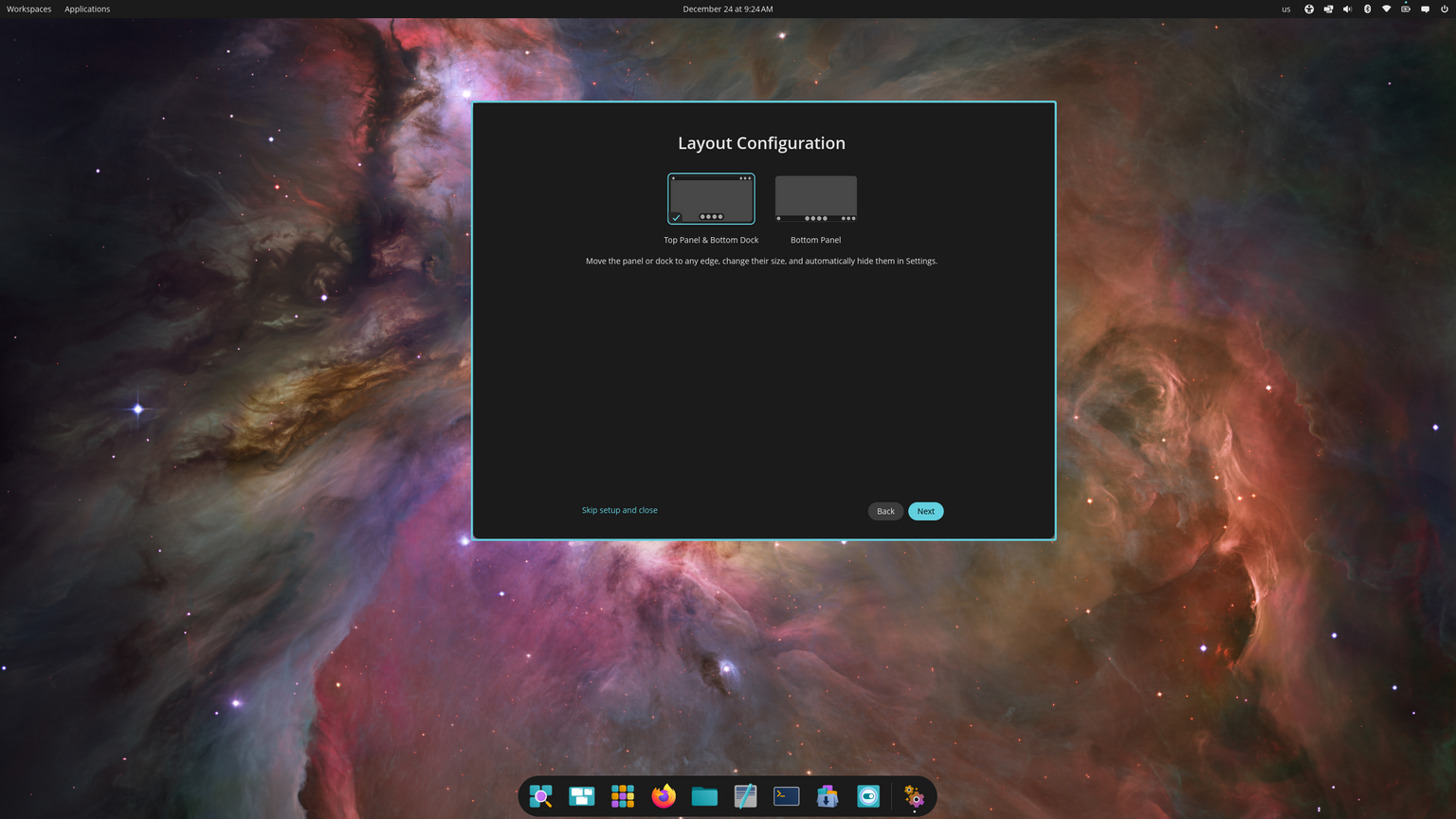Layout configuration settings for the dock and panel during initial setup. The first option is Top Panel and Bottom Dock. The second option is Bottom Panel. Move the panel or dock to any edge, change the size and automatically hide them in Settings.
