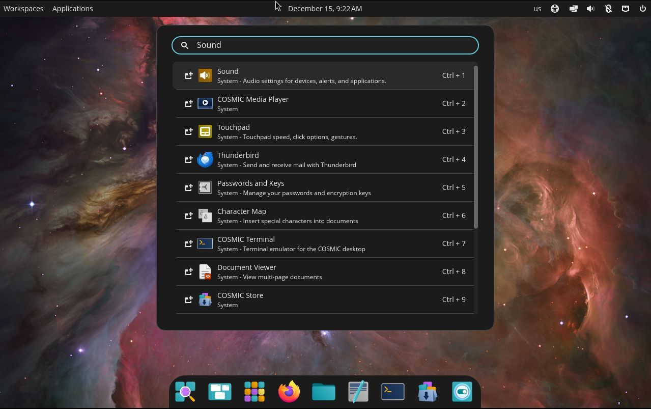COSMIC Launcher search for Sound