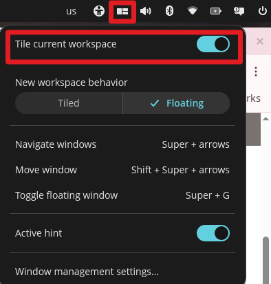 Tile current workspace in Pop!_OS 24.04