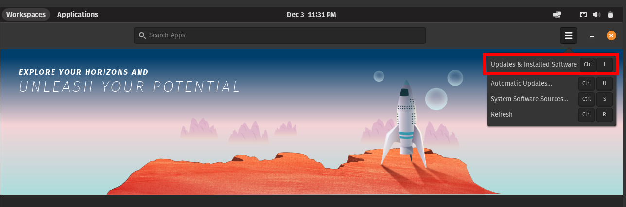 Pop!_Shop Updates & Installed Software menu button