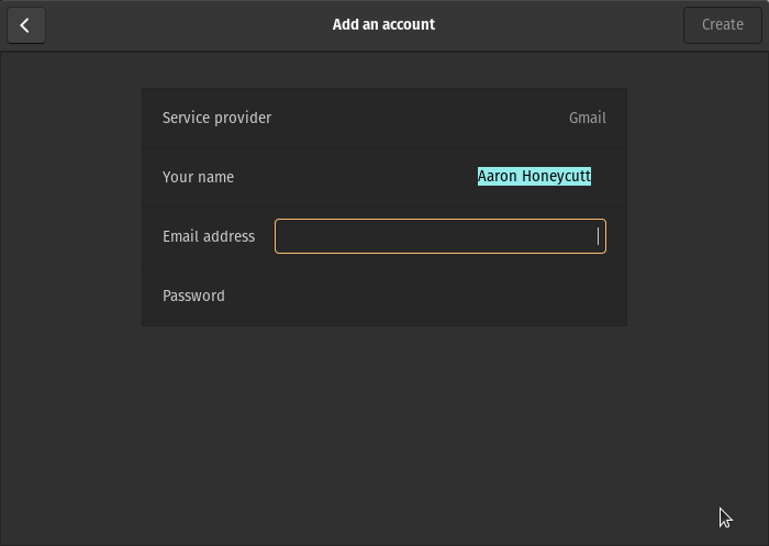 Entering email address in Geary