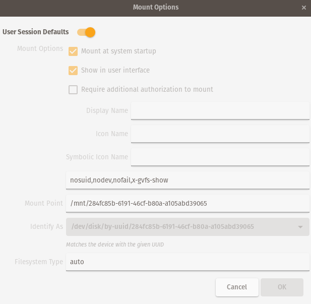 Mount Options Dialog