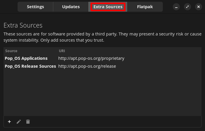 Repoman's Extra Sources page in Pop!_OS 24.04