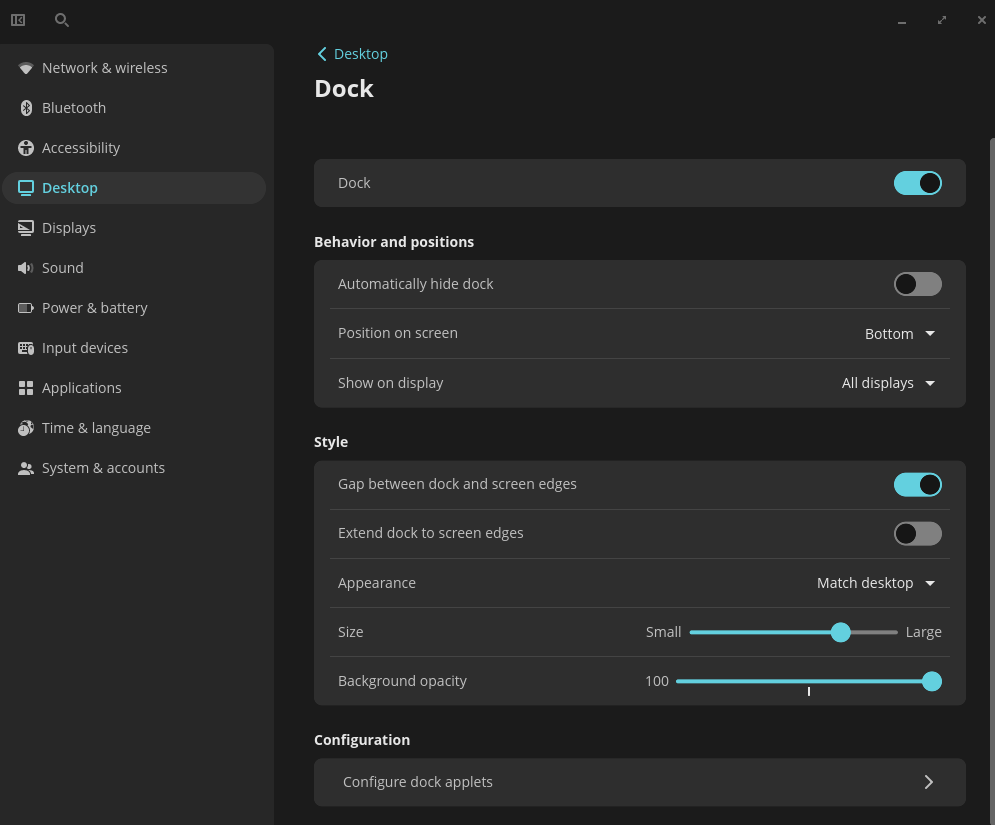 Pop 24.04 COSMIC Dock Settings