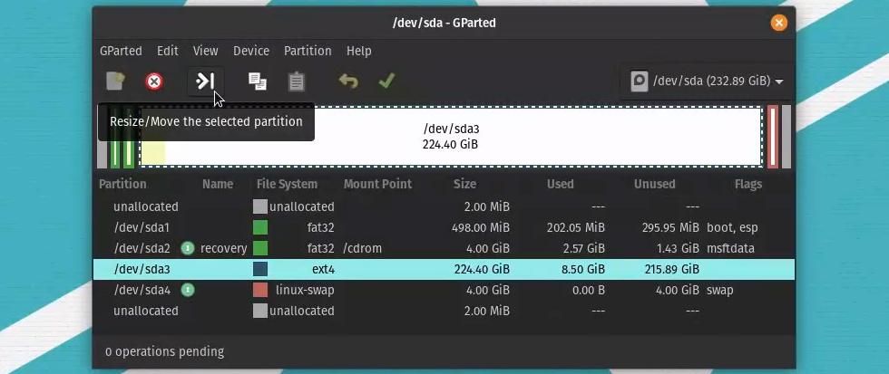 Selecting the Pop!_OS partition in GParted