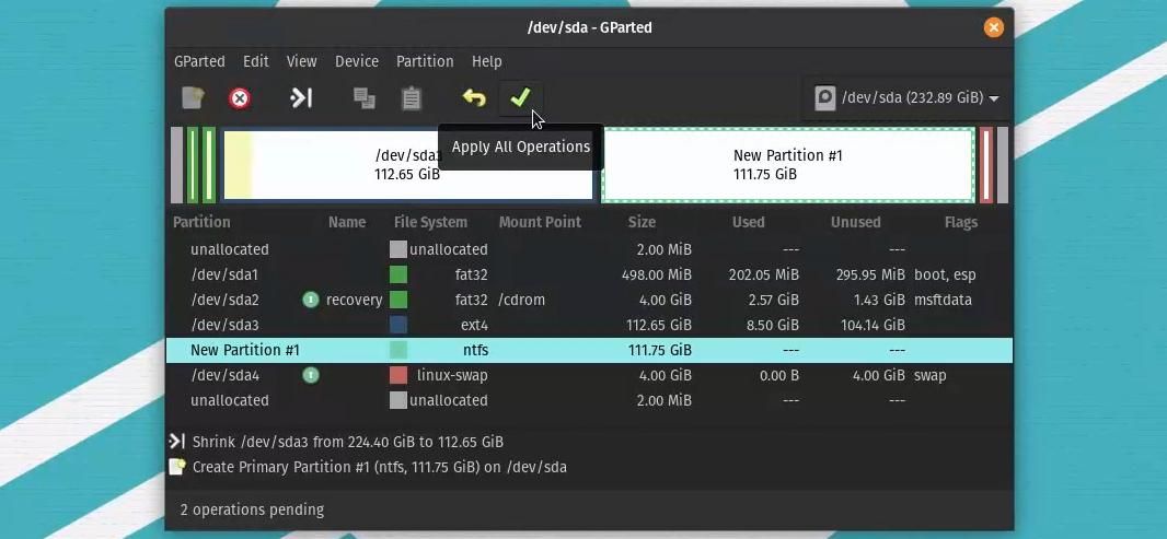 Applying the GParted operations