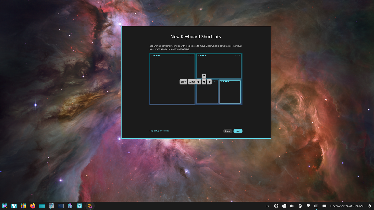 "New Keyboard Shortcuts" explains new shortcuts like Shift+Super+arrows or drag with the pointer to move windows, and mentions the visual hints when using automatic window tiling.