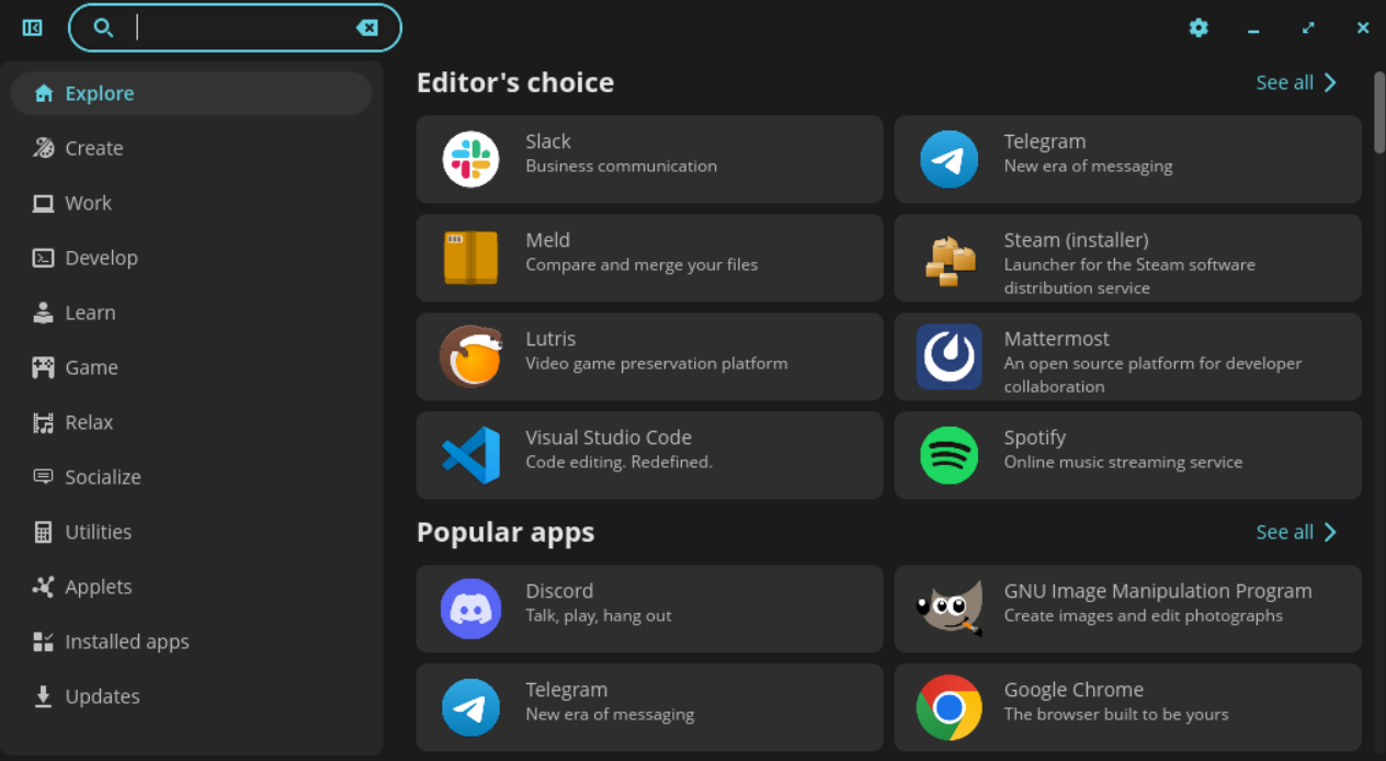 Search bar in the COSMIC Store