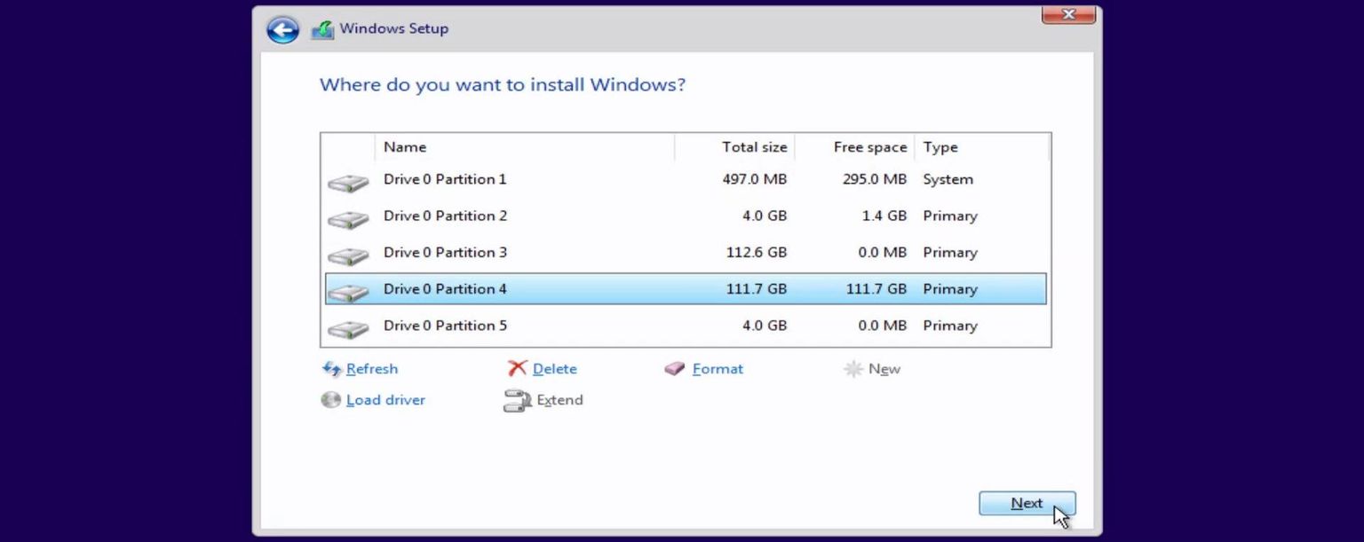 Windows selecting a partition