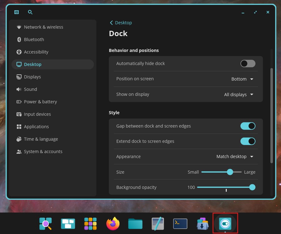 COSMIC Settings accessible by clicking the button toggle icon