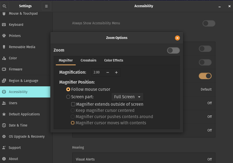 Pop OS Accessibility Settings Zoom options