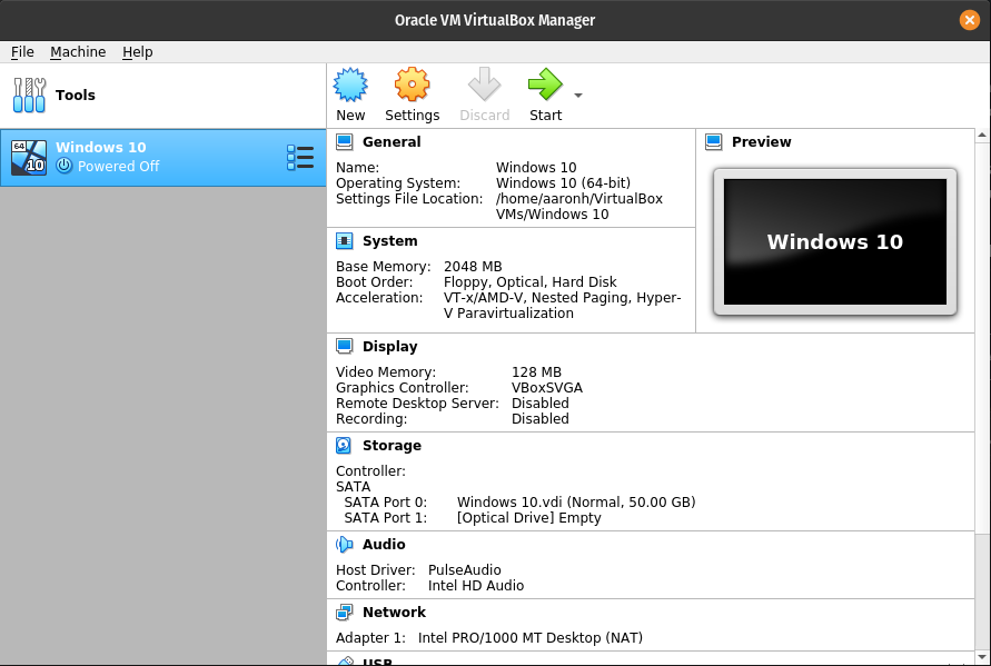 VM listed in the VirtualBox Window