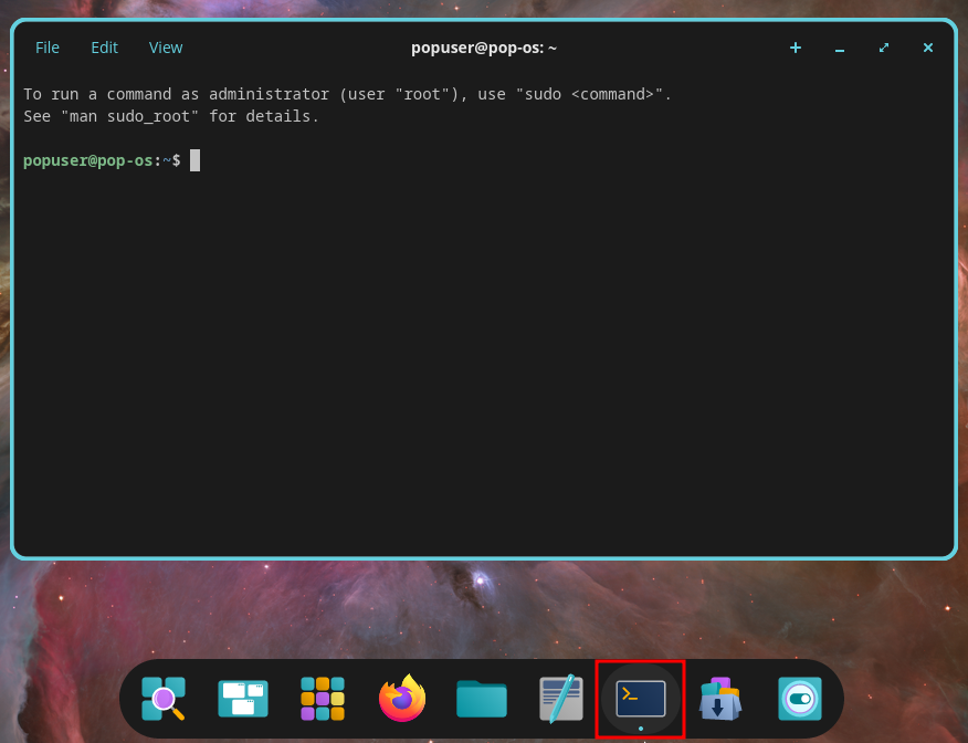 COSMIC Terminal accessible by clicking the computer screen icon showing a command prompt