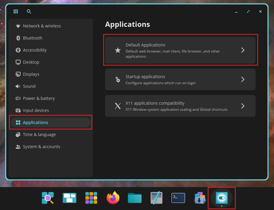 COSMIC System Settings panel highlighting the Applications and Default Applications options