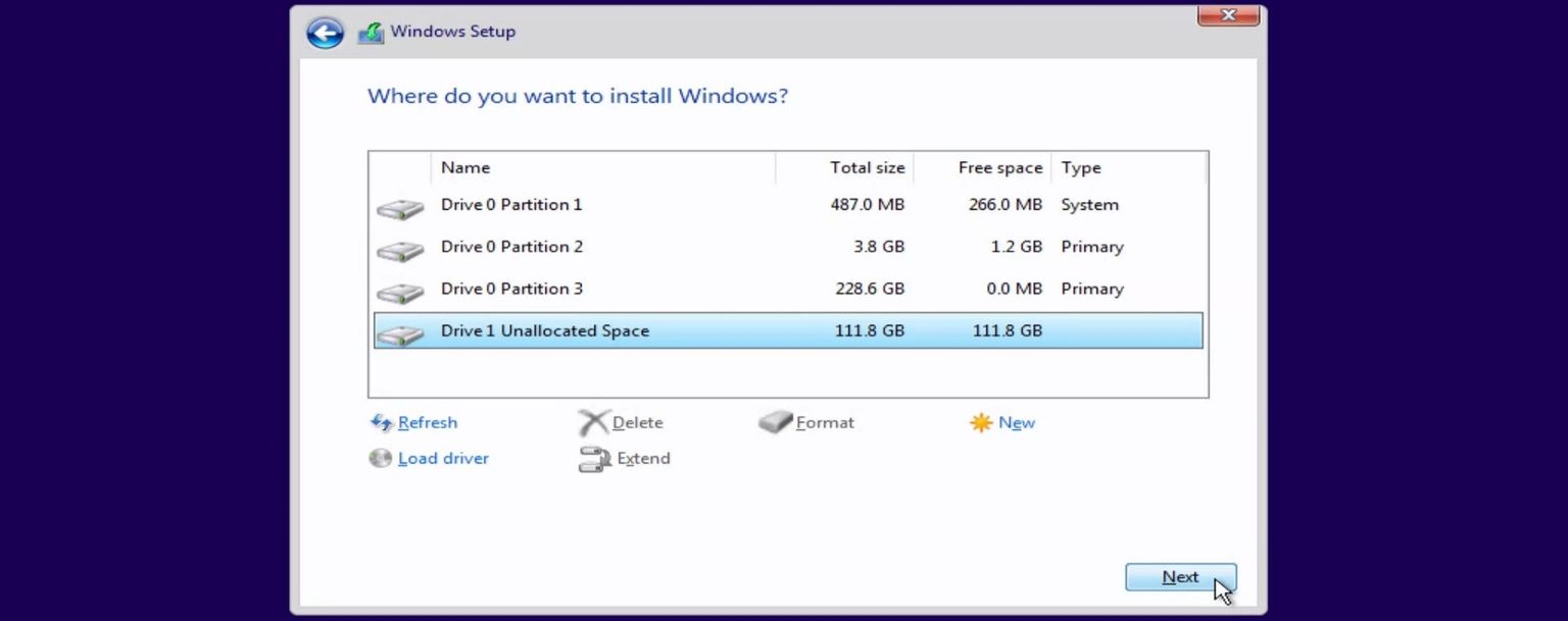 Windows selecting unallocated space