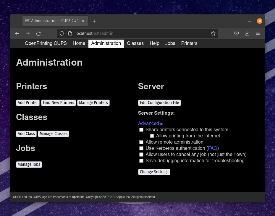 CUPS Administration Tab