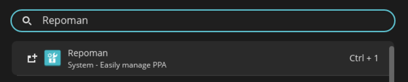 Searching for Repoman in the COSMIC Launcher