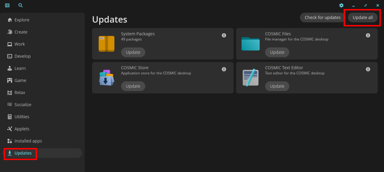 Updates page & button in the COSMIC Store