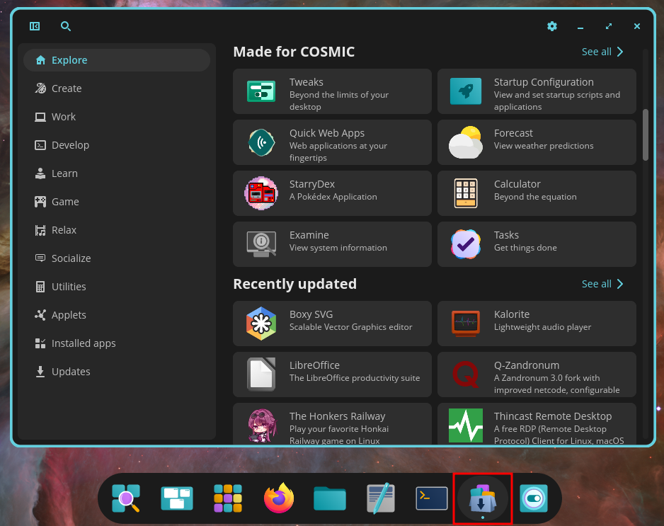 COSMIC Store accessible by clicking the shopping bag icon in the dock