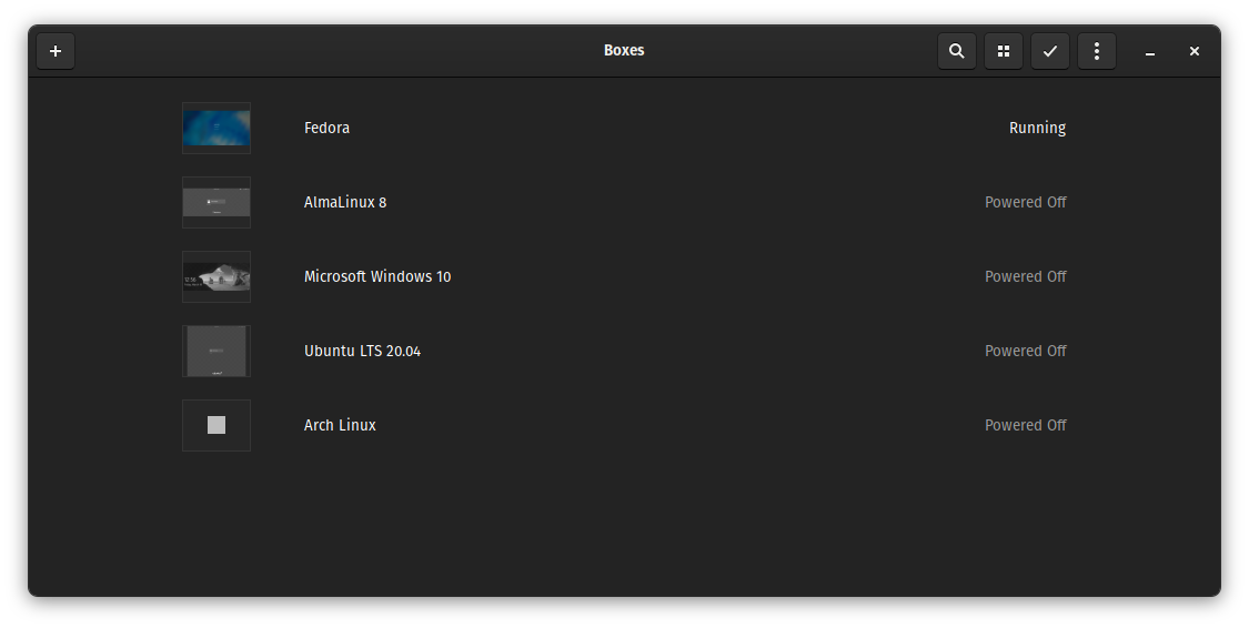 GNOME Boxes with VMs