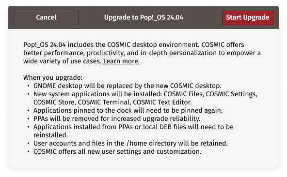 Pop!_OS 24.04 Upgrade Dialog box which describes the COSMIC Desktop and other changes to expect after the upgrade is complete