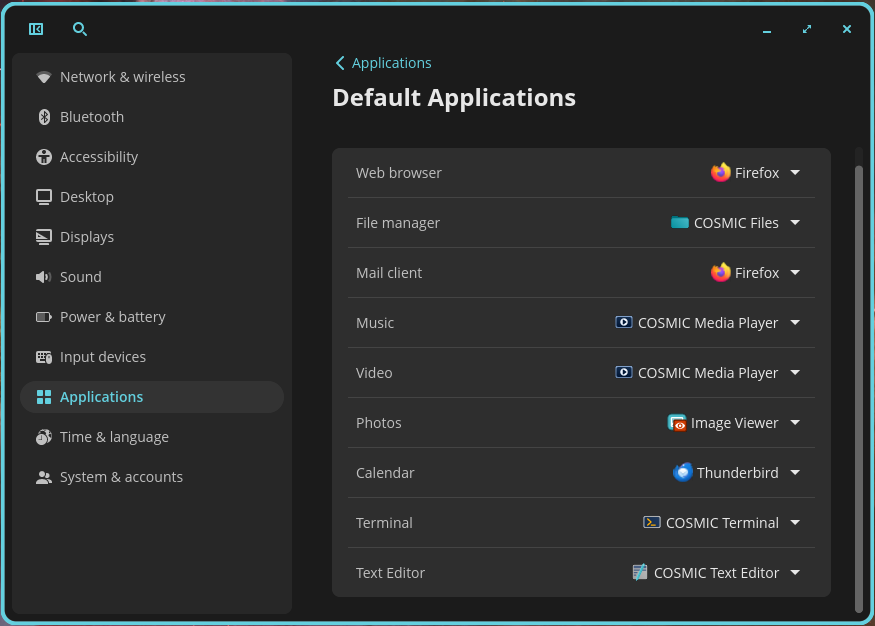 Default Applications Window in Pop!_OS 24.04