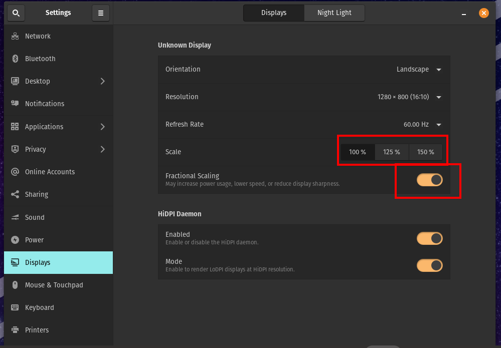 Pop OS Display Settings with Fractional scaling highlighted