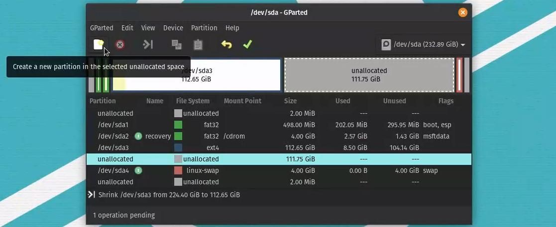Creating a Windows partition in GParted