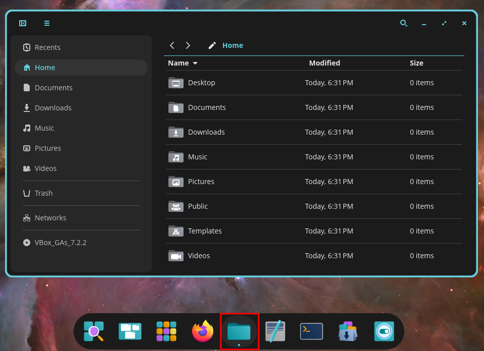 COSMIC Files Application accessible by clicking the file folder icon in the dock