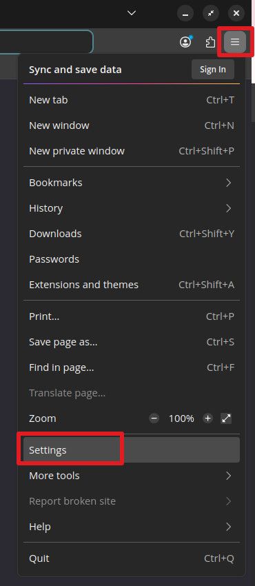 Firefox access settings menu