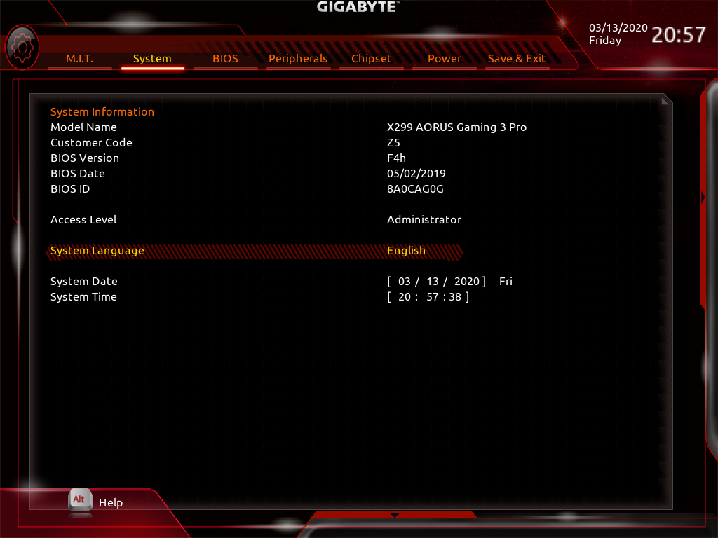 System summary in BIOS