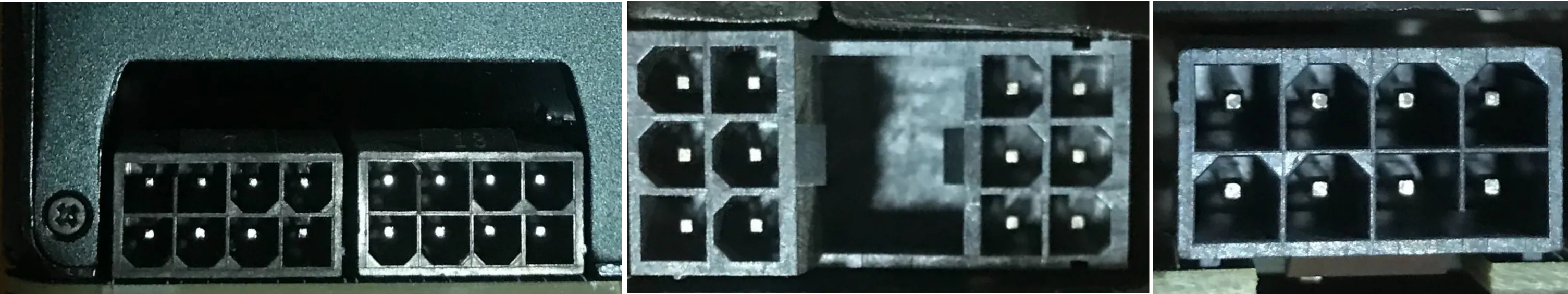 Showing variations of pin connections on GPU cards - 8/12/16 pin 